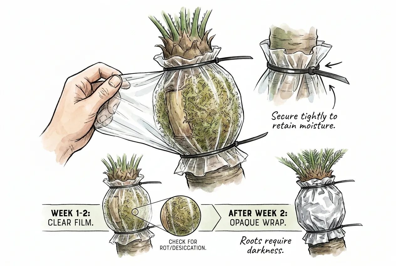Clear plastic film wrapped around sphagnum and tied at top and bottom of the air layer