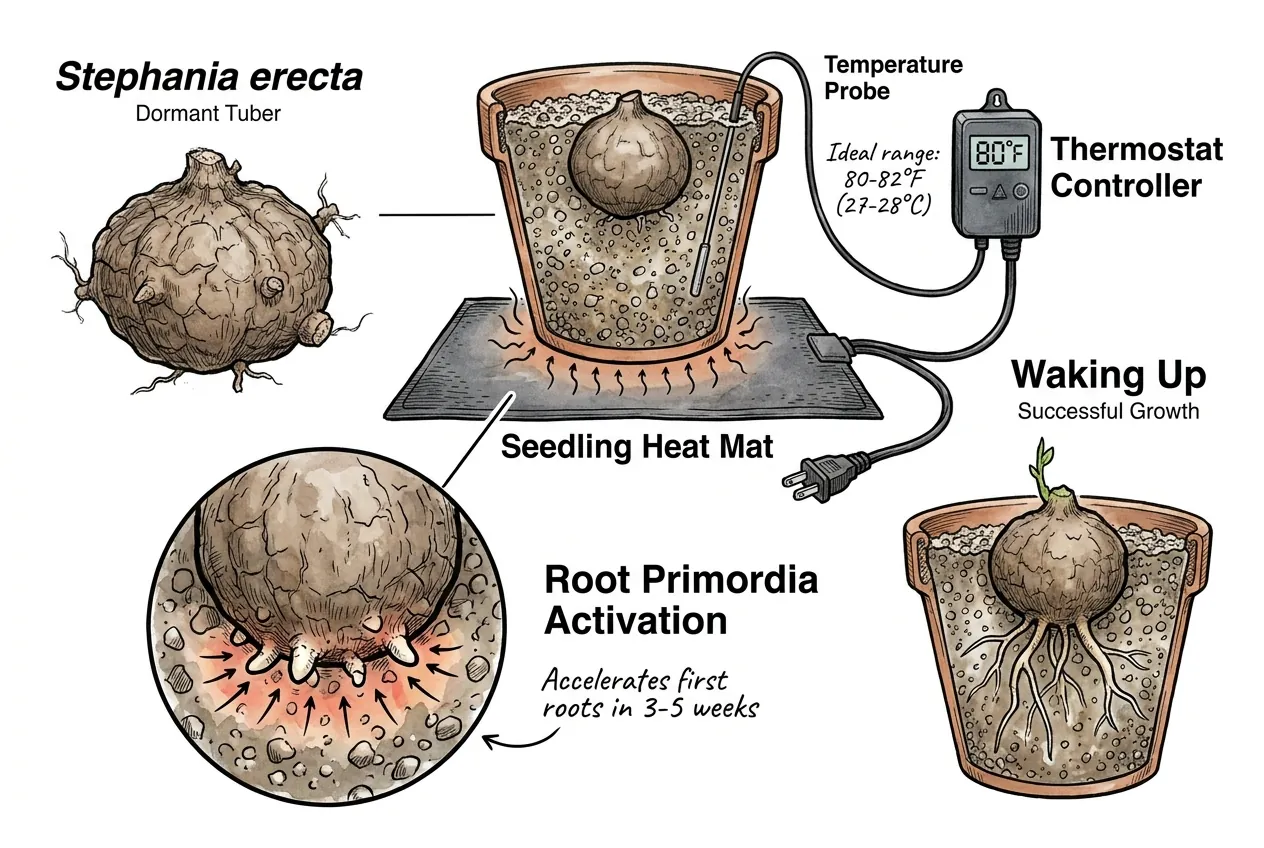 Pot on seedling heat mat with thermostat probe at substrate level