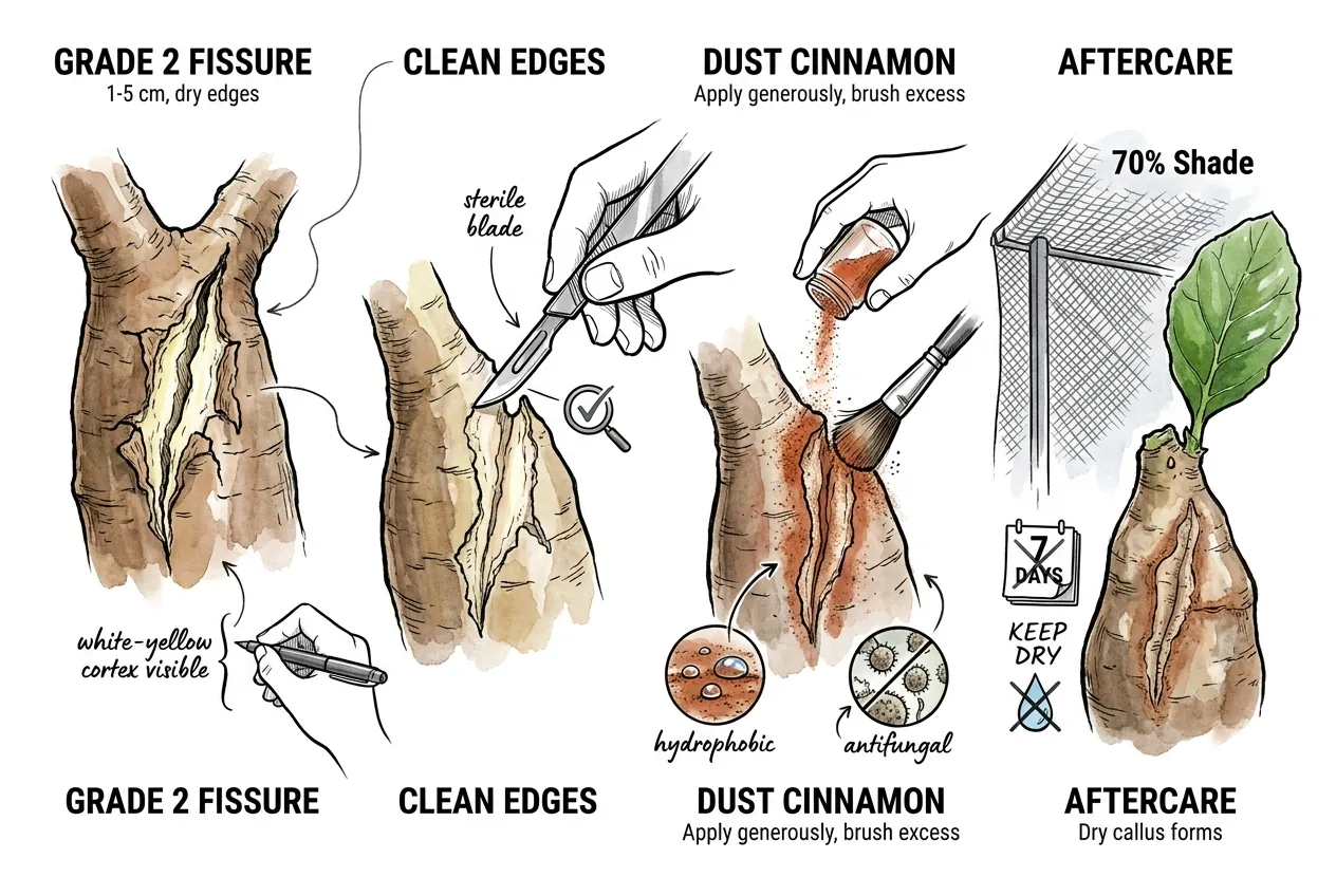 Grade 2 vertical cortex fissure with cinnamon dust applied for antifungal protection.