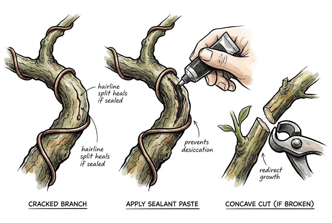 Cracked bend on a branch sealed with bonsai cut paste