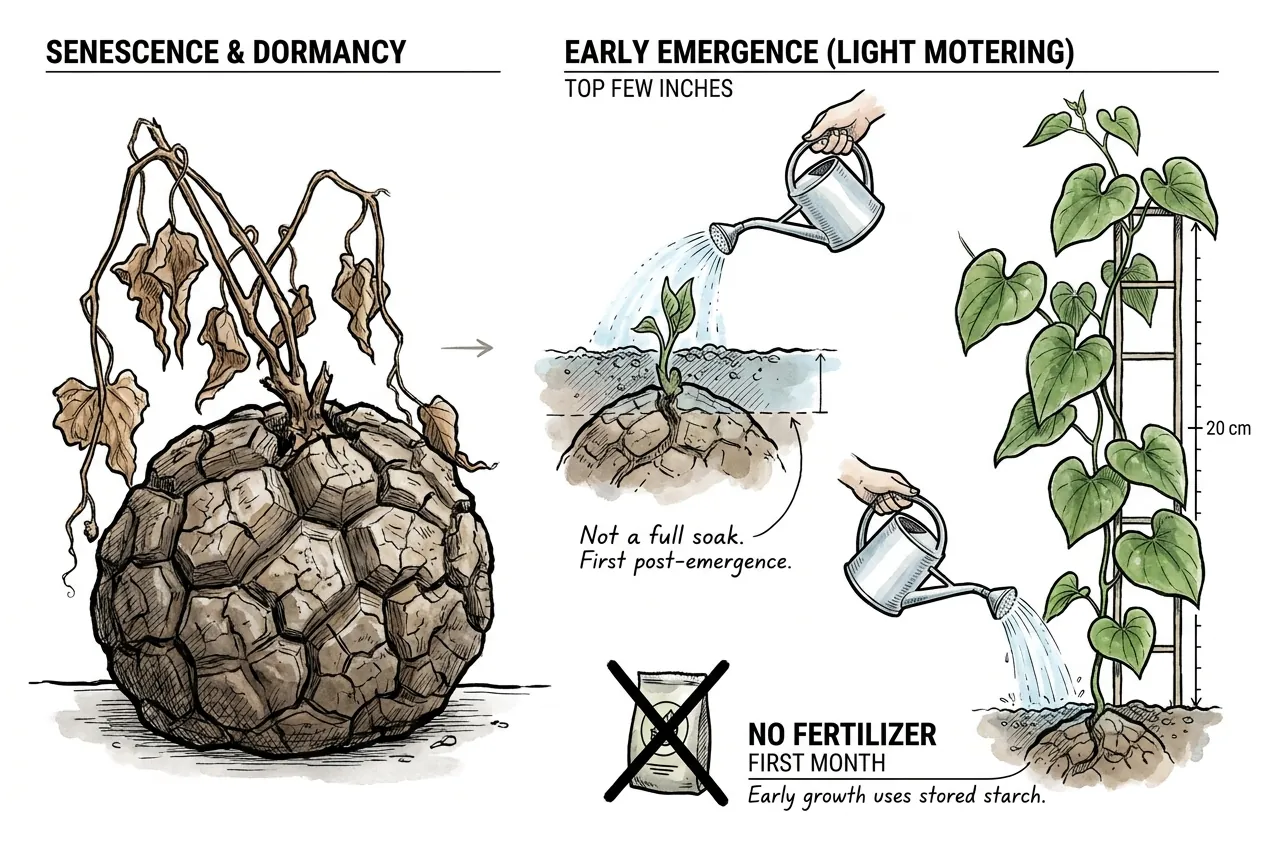 Conceptual watering around a newly emerging Dioscorea vine