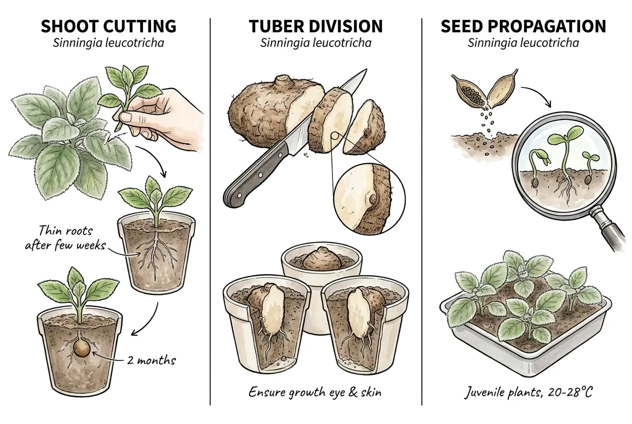 Young Sinningia cutting forming a pea-sized tuber underground with new roots
