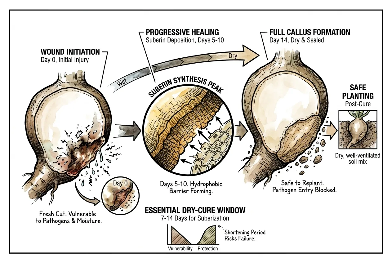 Cut caudex surface drying and forming callus in a ventilated spot