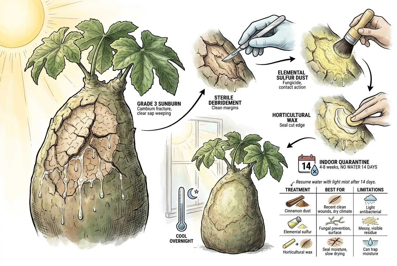 Cambium-level wound with clear sap and sulfur dust plus horticultural wax sealant.