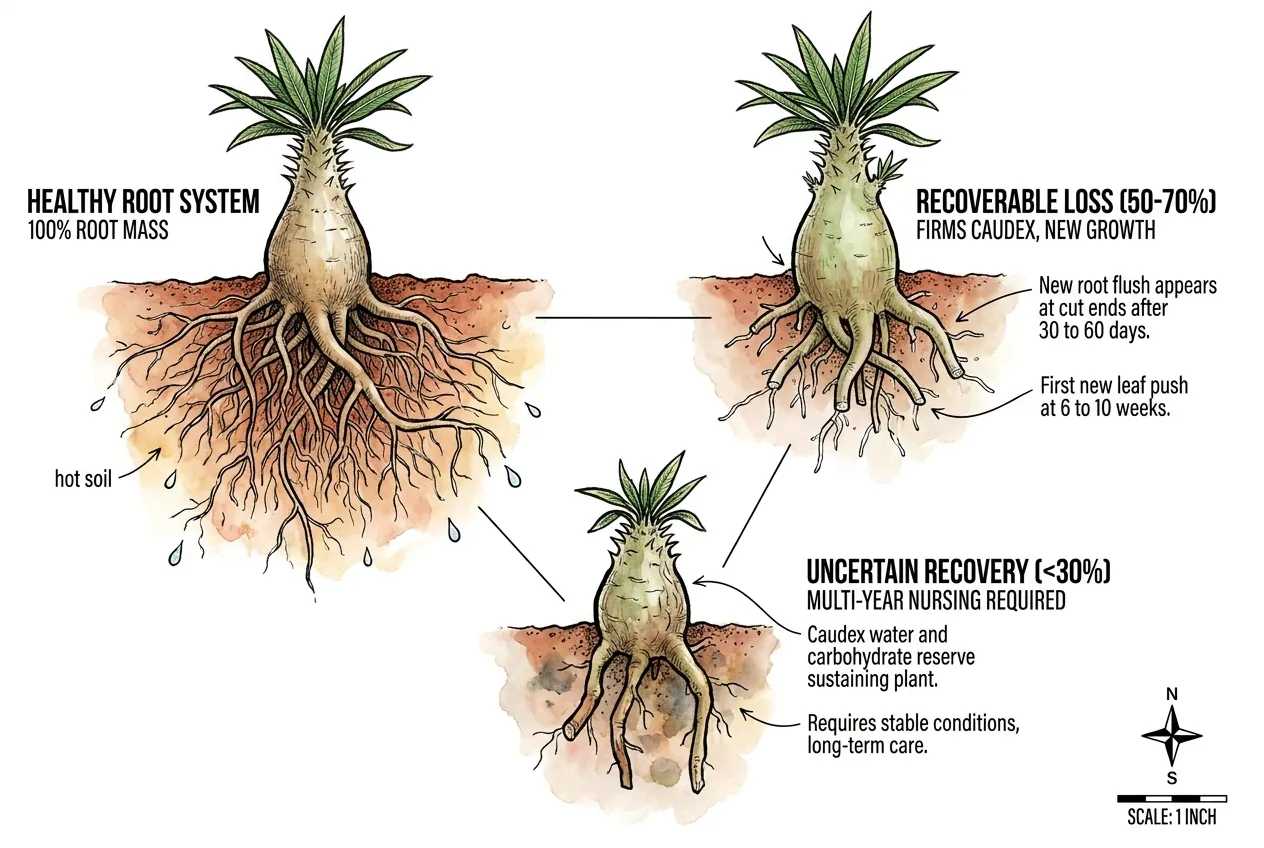Firm caudex and framework roots surviving after most feeder roots were lost
