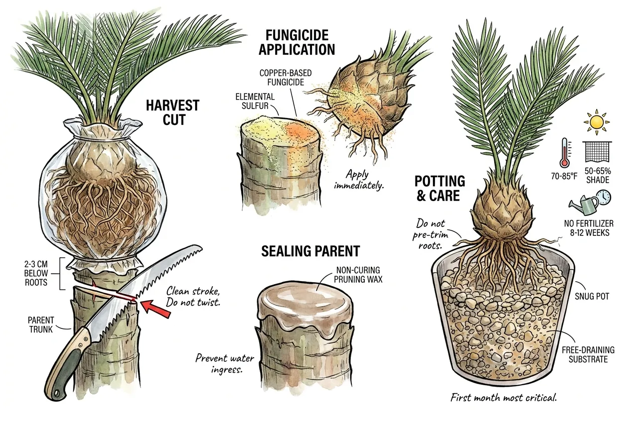 Pruning saw separating a rooted cycad air layer below the root zone