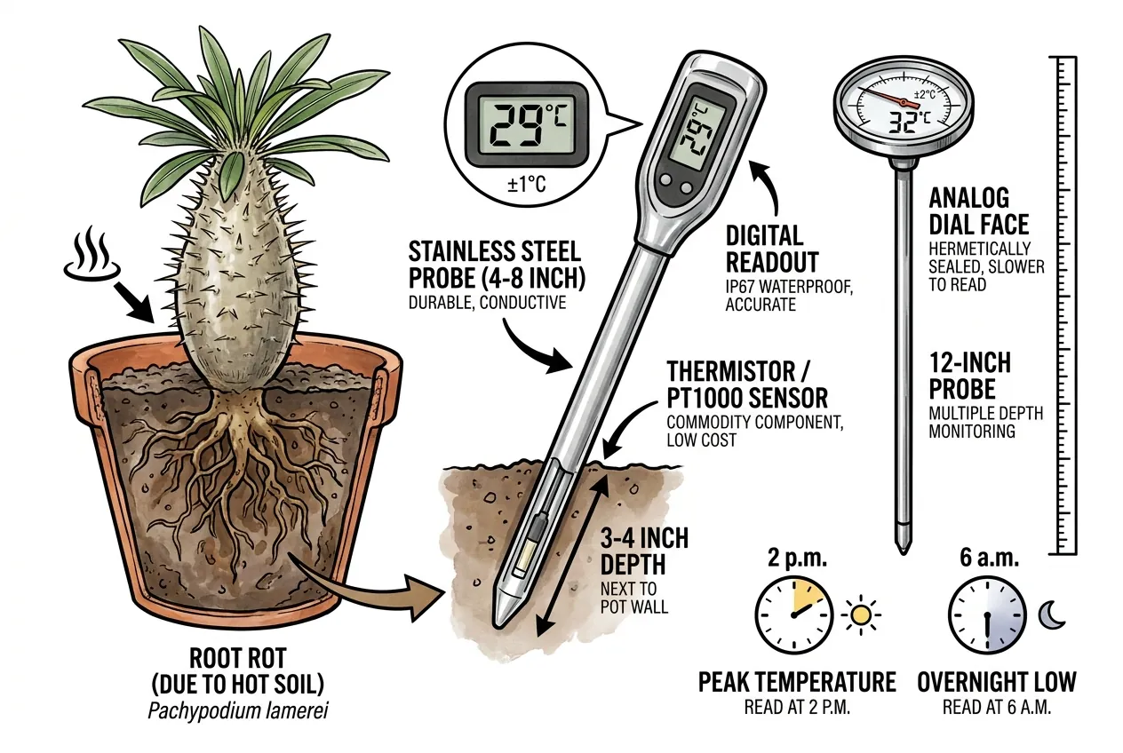 Contact thermometer probe inserted to fine-root depth in the substrate