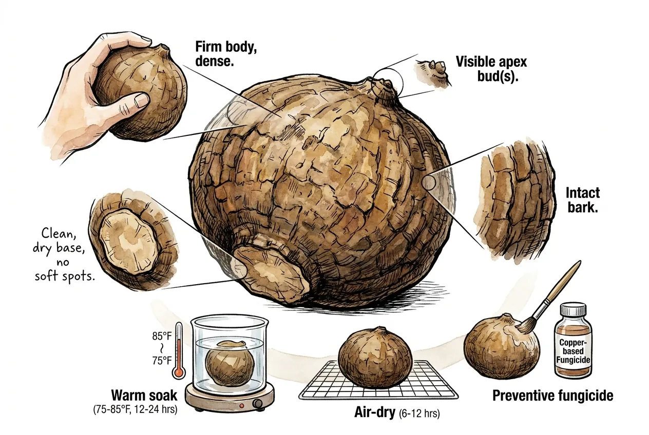 Hands inspecting just-arrived tuber for callus, firmness, and apex bud