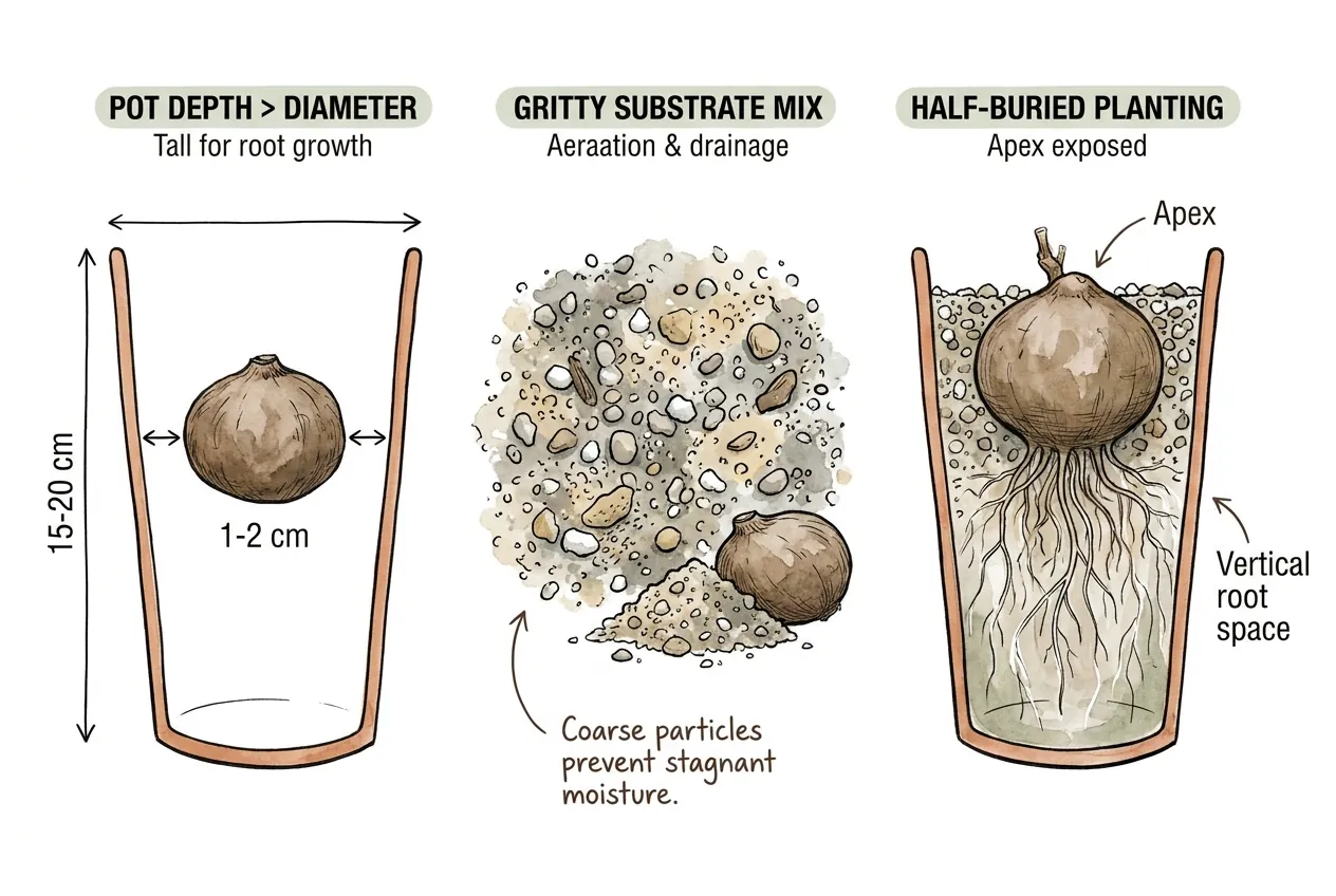 Cross-section of correct deep pot with half-buried tuber and gritty mix