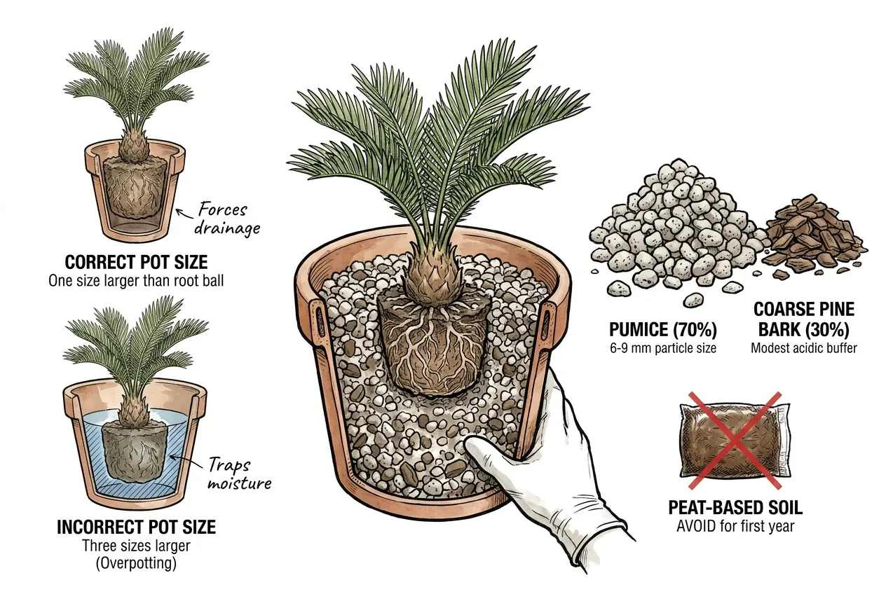 Pumice and coarse pine bark mix at 6 to 9 mm particle size for cycad transplant