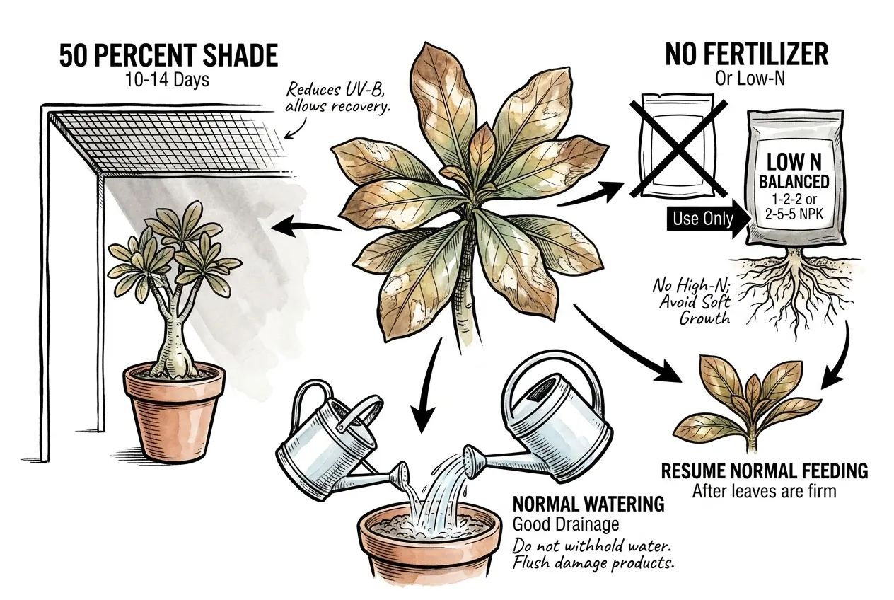 Adenium under 50 percent shade cloth with low-nitrogen recovery feeding schedule