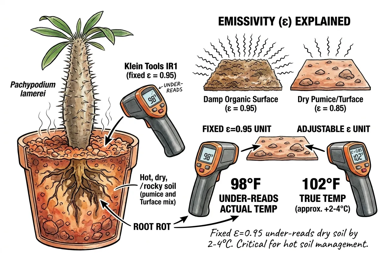 Handheld infrared thermometer reading a dry mineral pot surface