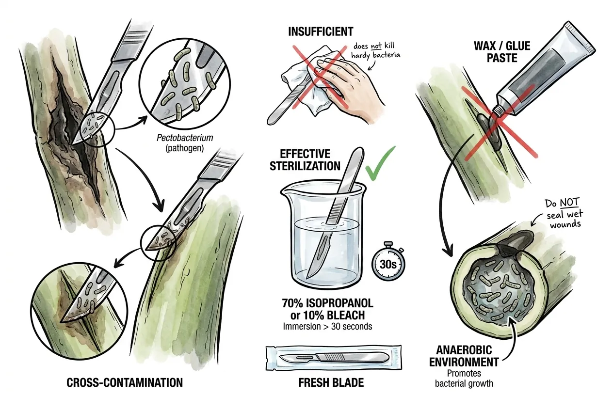 Scalpel immersed in isopropanol cup beside the caudex