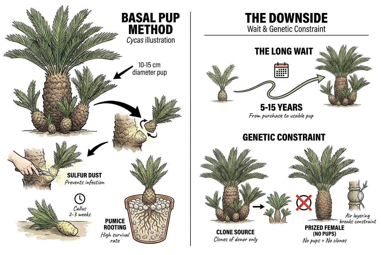 Basal pup being cleanly cut from the base of a Cycas revoluta trunk