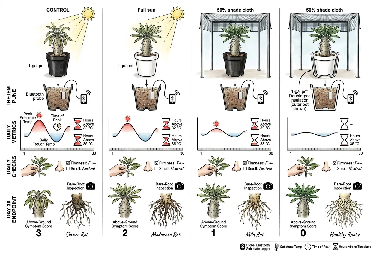 Matched imports in dark and light pots with root-zone probes logging temperature