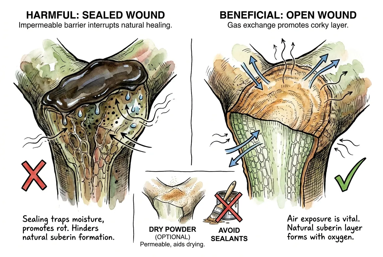 Sealed wound trapping moisture beneath wax versus open dry wound corkifying