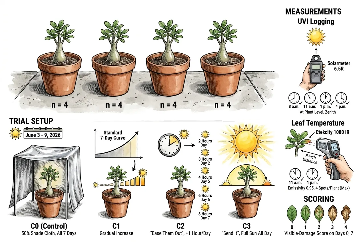 Four small Adenium seedlings labeled C0 through C3 on a south-facing patio