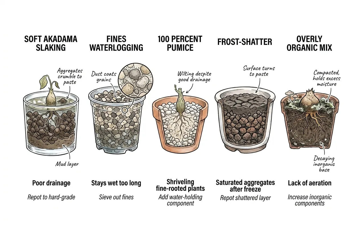 Diagnose slow drainage, fast drying, salt buildup, structural change, and root disease separately