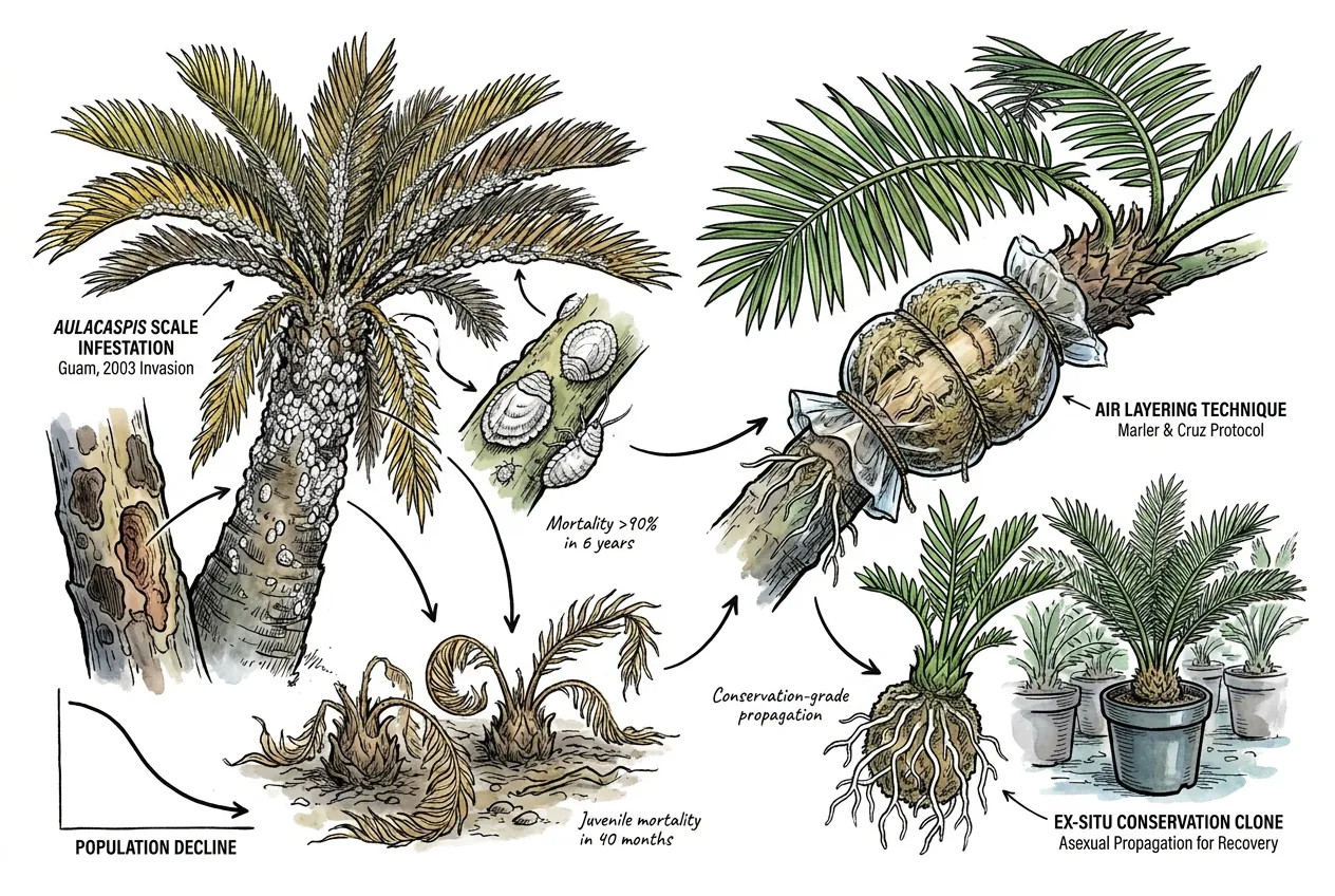 Cycas micronesica trunk heavily infested with white Aulacaspis scale on Guam