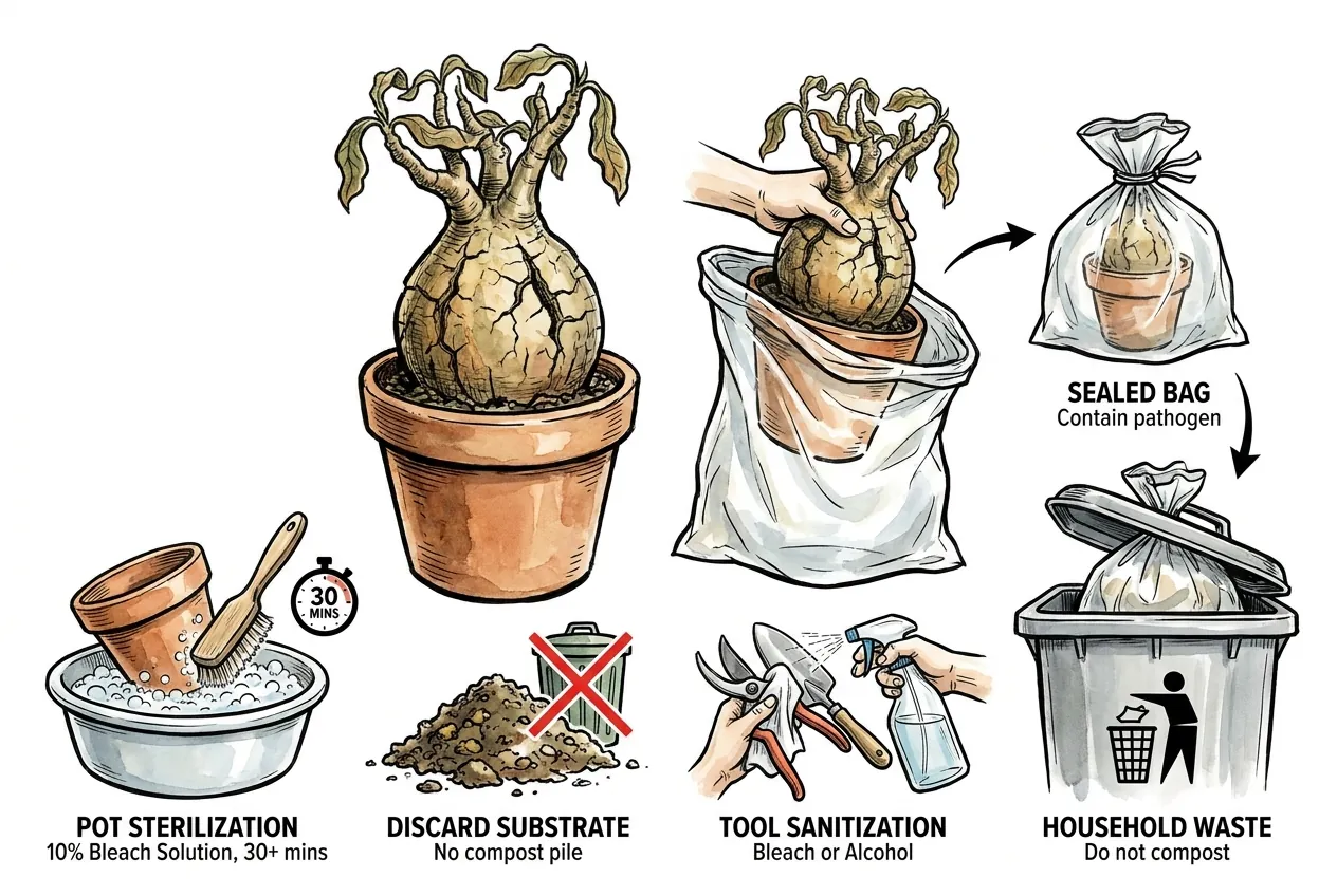Infected caudex bagged for household waste with bleach-sterilized pot