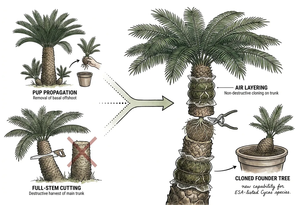 Conservation nursery air-layering a known-female founder Cycas tree