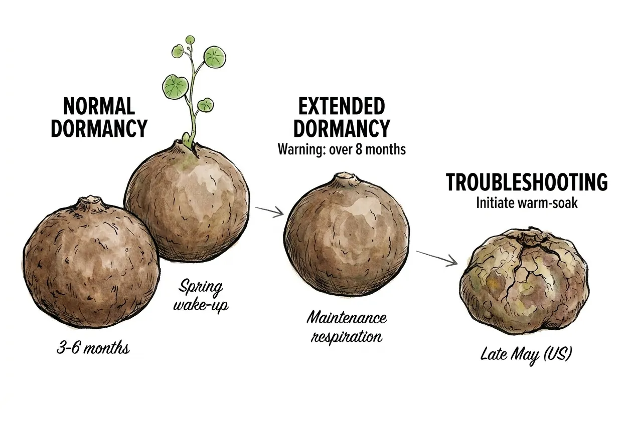 Three-to-six-month dormancy calendar with Stephania wake-up cue