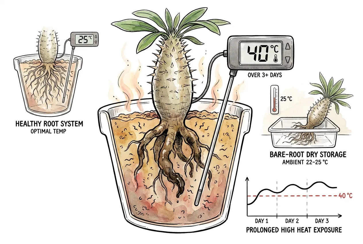 Substrate probe holding forty Celsius for days beside a declining plant