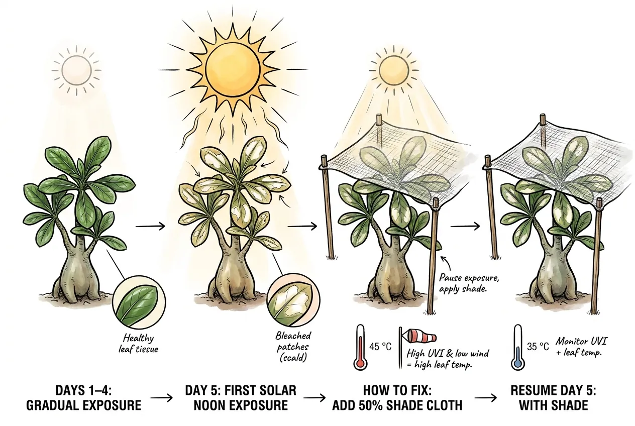 Adenium leaf with Day 5 solar-noon scald patches after smooth Days 1 to 4