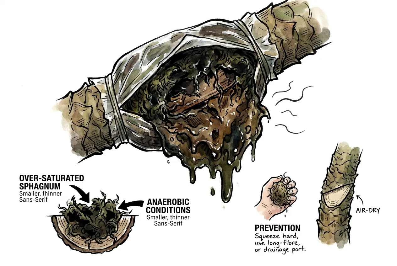 Dark liquefied tissue and slimy sphagnum at a failed cycad air-layer wound