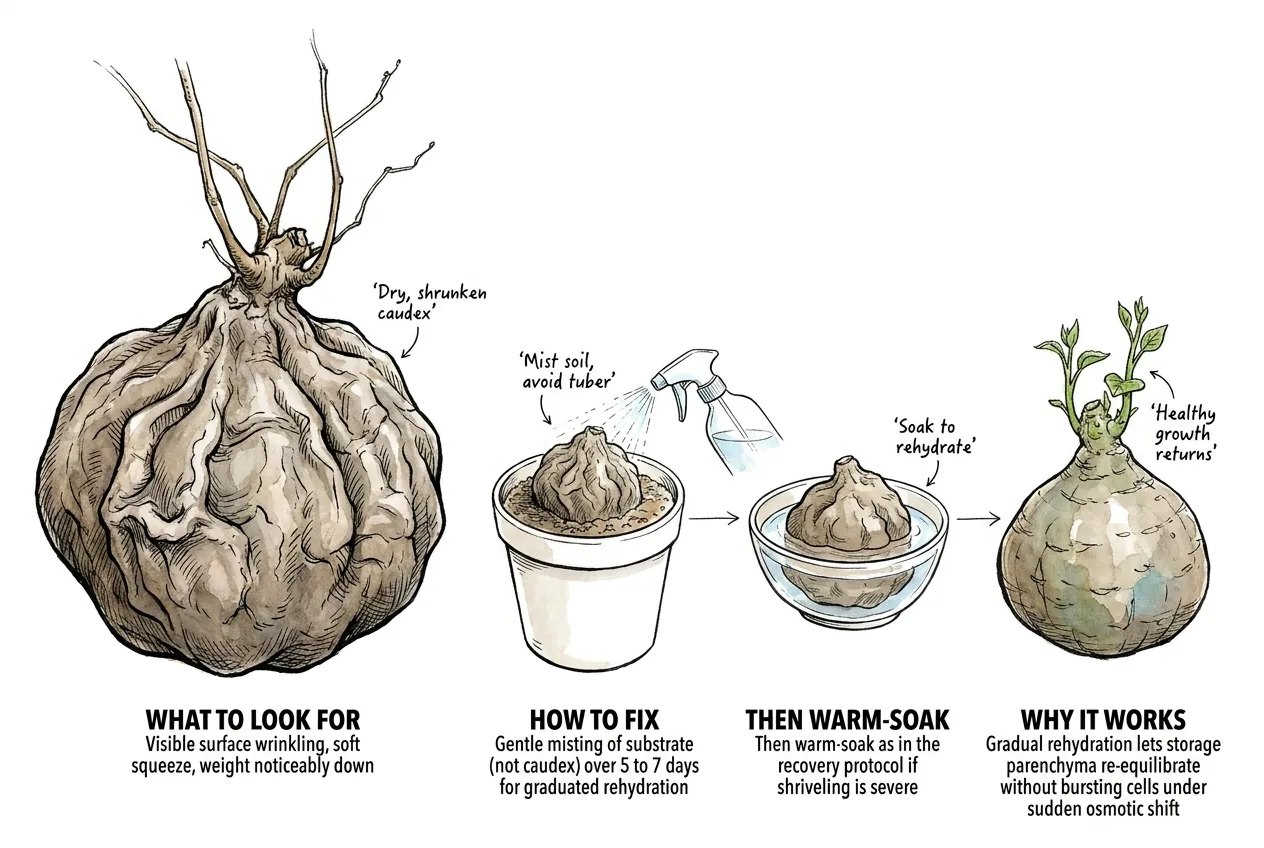Shriveled caudex surface with wrinkles indicating dehydration