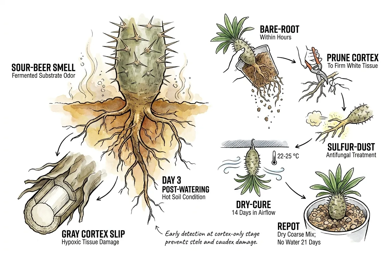 Sour beer smell and gray cortex slip on feeder roots under a firm caudex