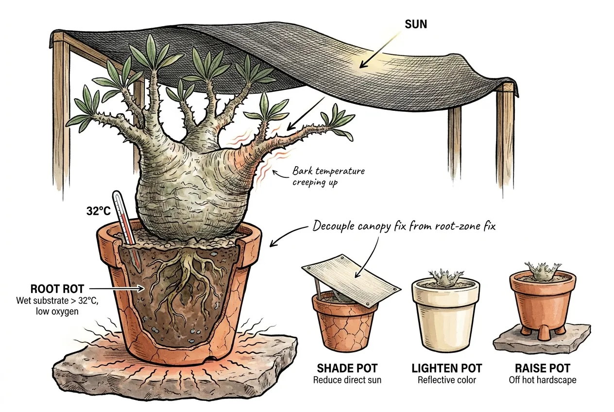 Shade cloth over a caudex while the pot bakes at 32°C, with shade, light-color, and raised-pot fixes for the hot root zone