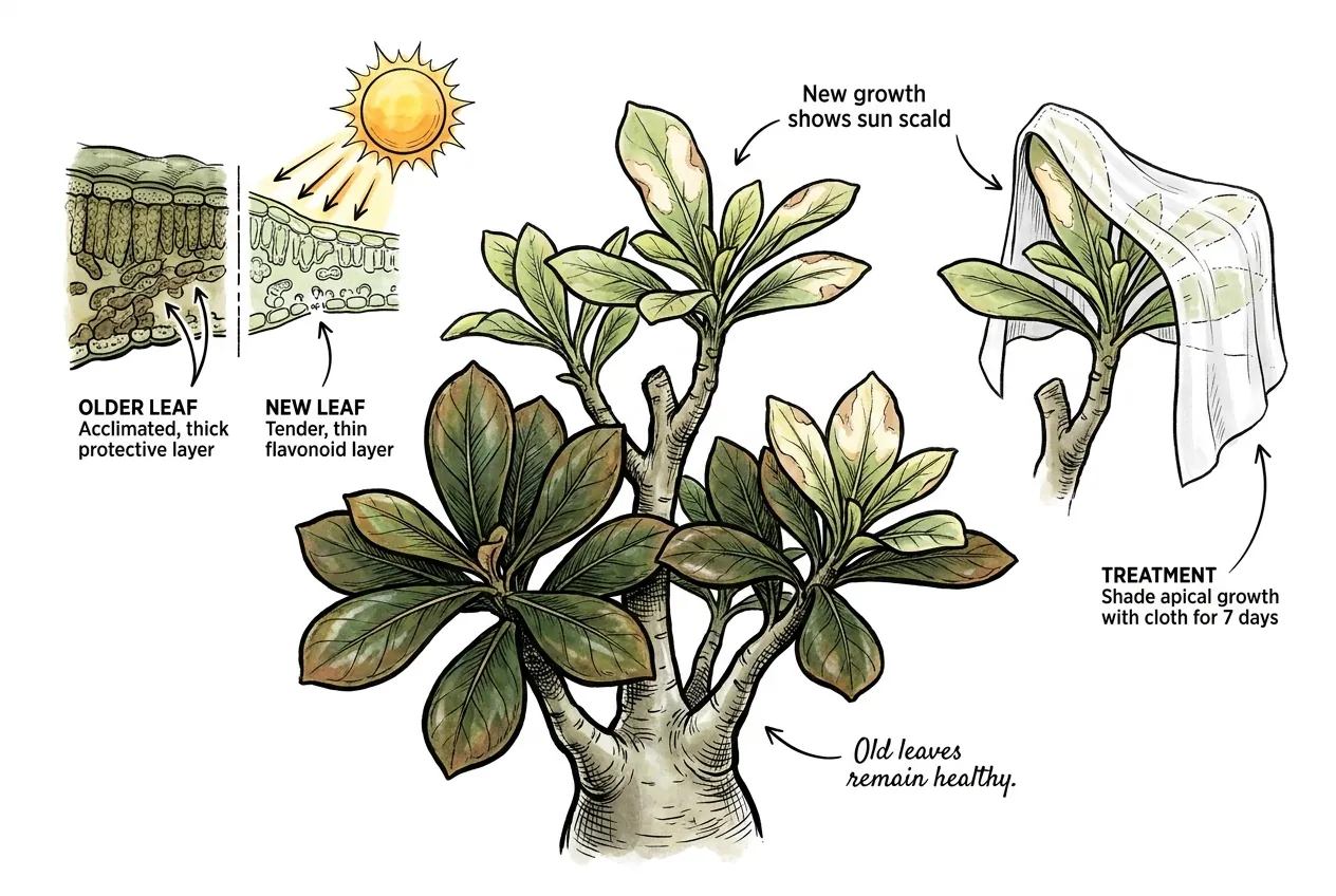 Adenium canopy with healthy bronze lower leaves and scalded soft apical flush