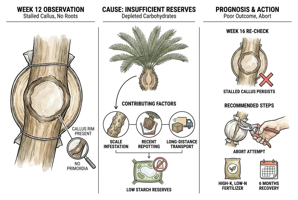 Cycad wound with callus but no visible root primordia