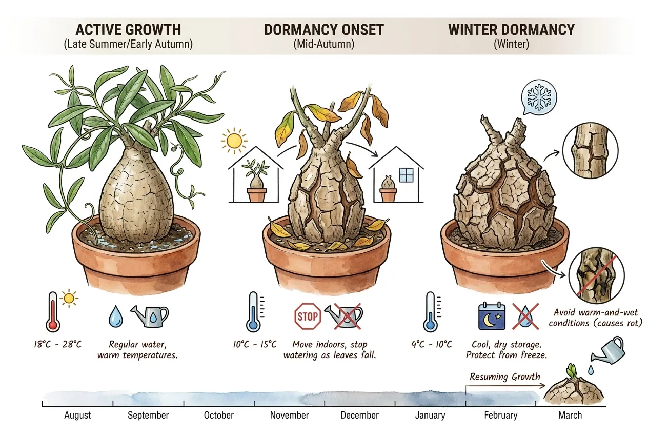 Leafless dormant Fockea in a cool, dry corner