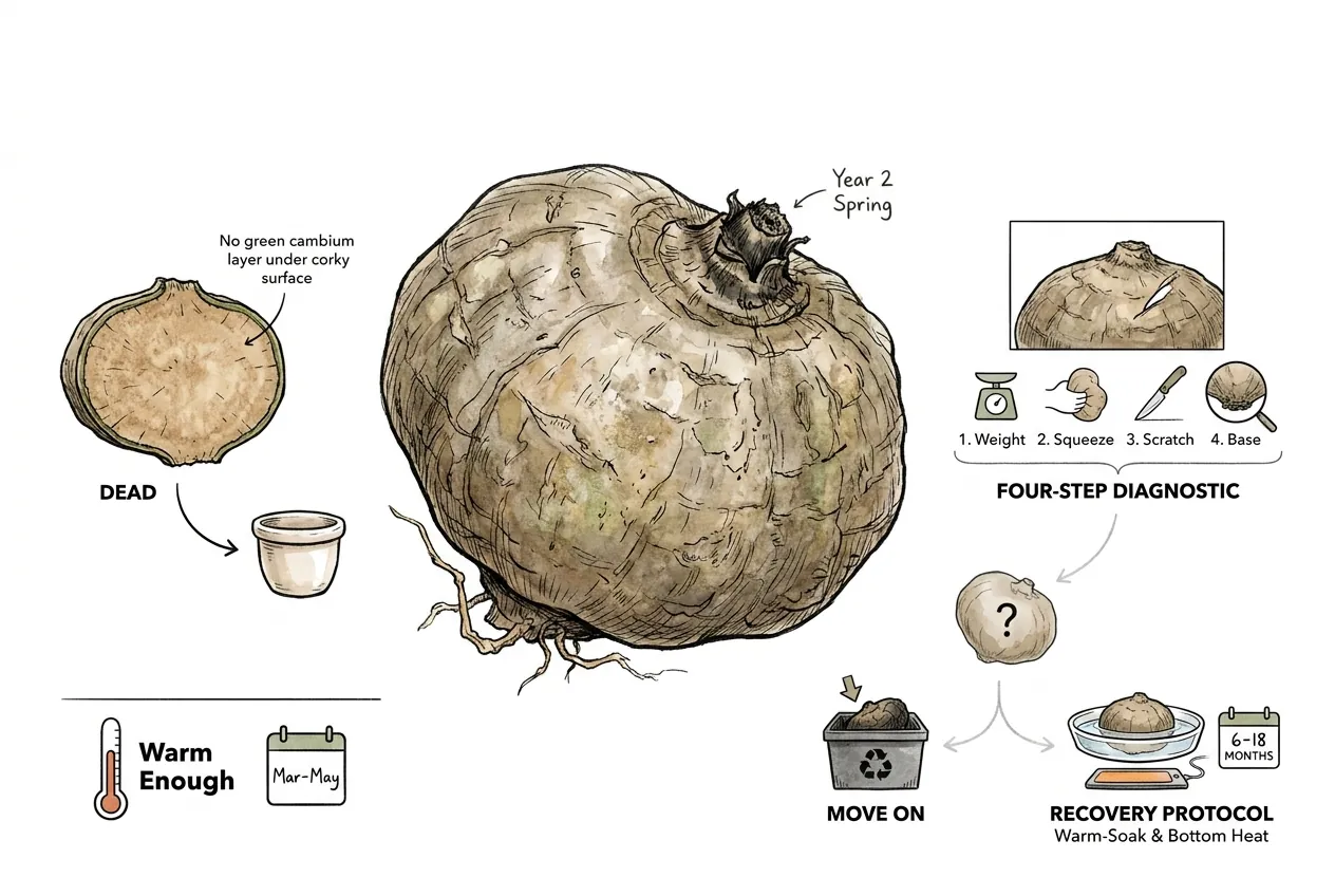 Silent Year-2 tuber in substrate with no vine or leaf primordia