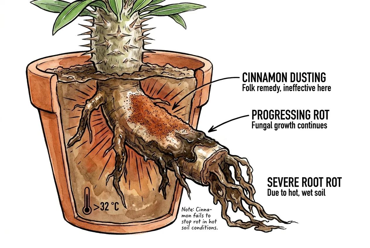 Cinnamon-dusted cut surface still rotting on a Pachypodium root