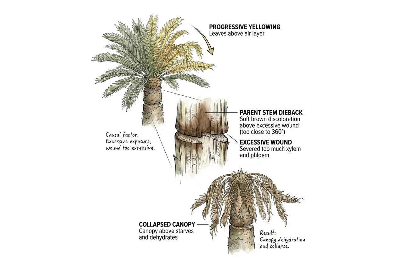Yellowing canopy above a failed air-layer wound on a girdled cycad trunk