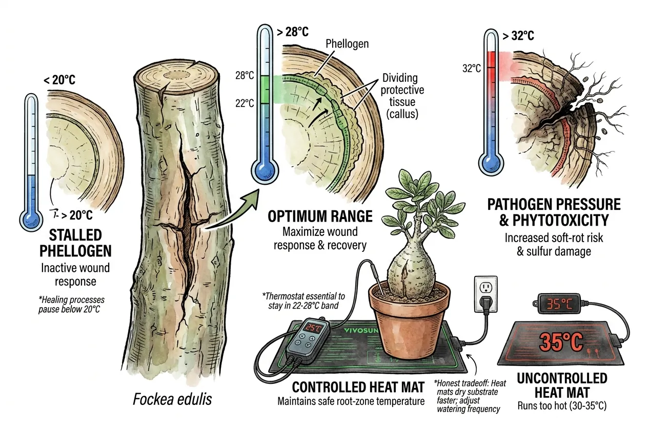 Heat mat with thermostat holding caudex root zone at 25 °C