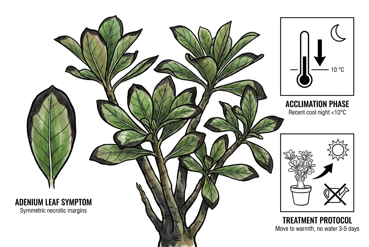 Adenium leaves with symmetric black necrotic margins from cold shock damage