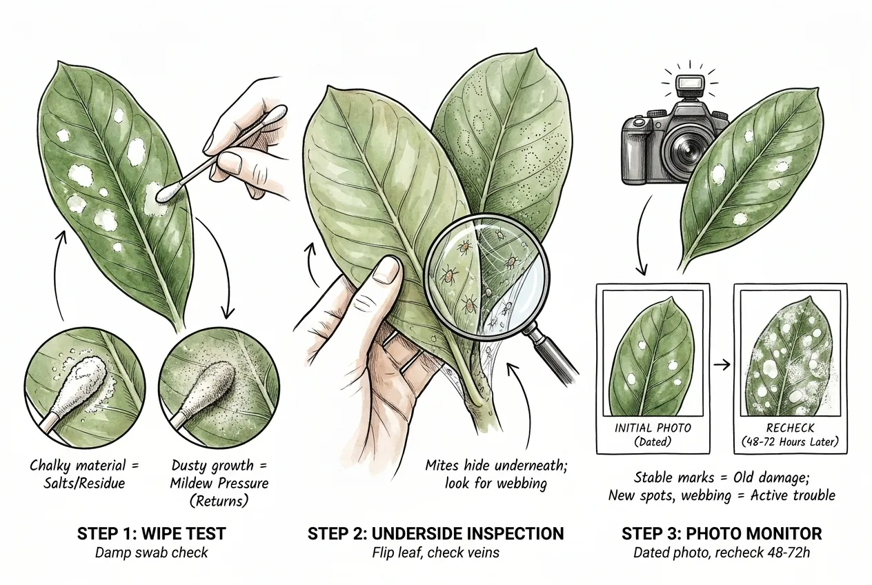 Swab, underside check, and photos testing spotted adenium leaves