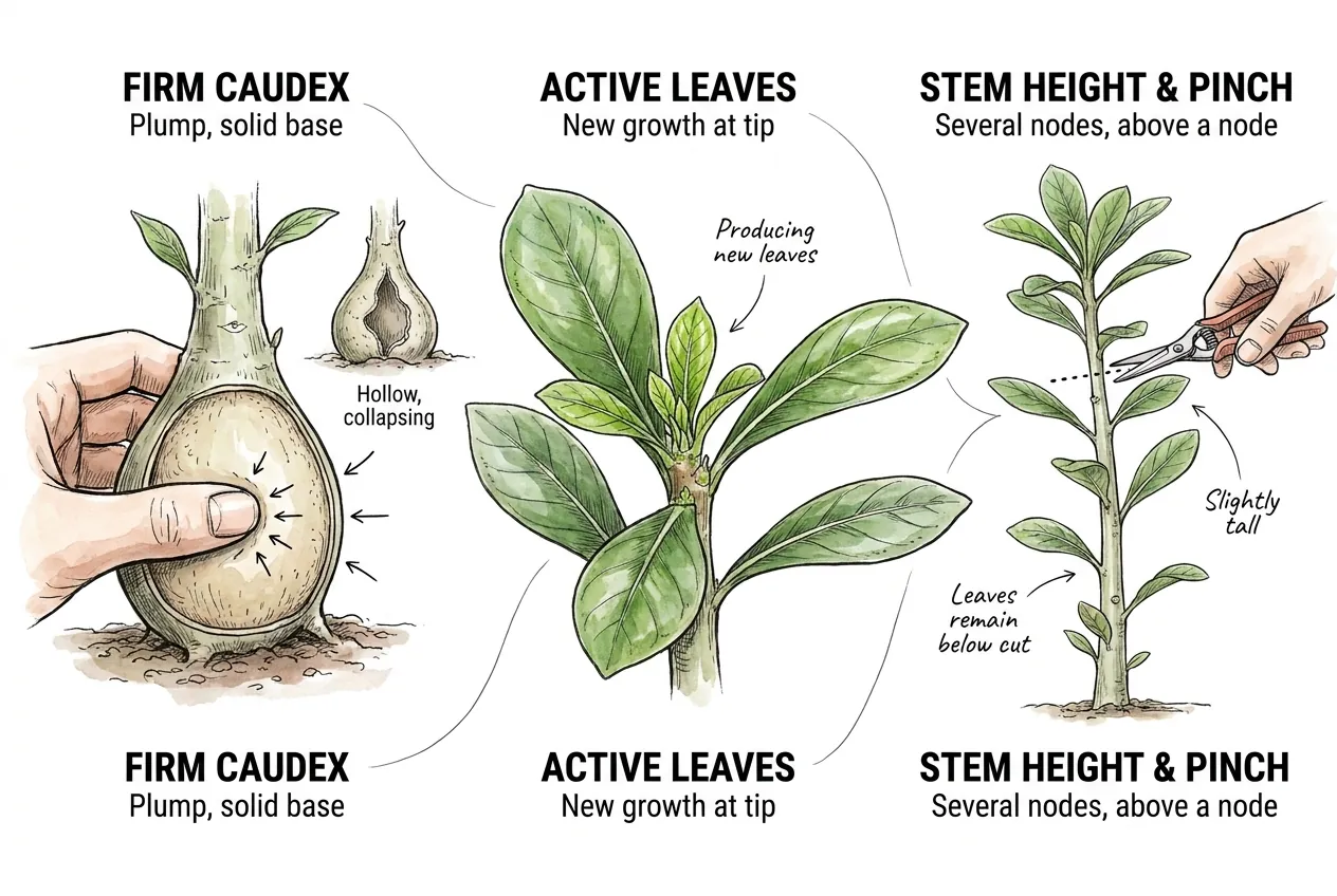 Firm Adenium seedling pushing new leaves with several usable lower nodes