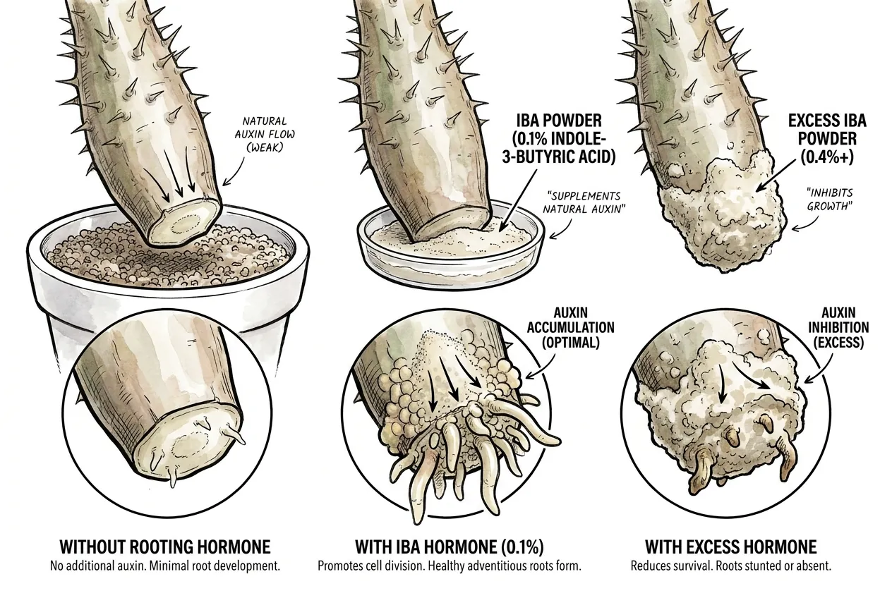 Rooting hormone comparison illustration; Pachypodium-specific benefit and dose are not established