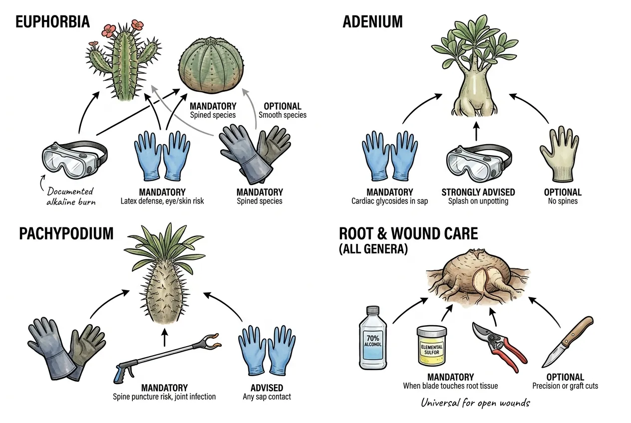 Protective gear matched to sap, spine, and cutting hazards during a caudex repot