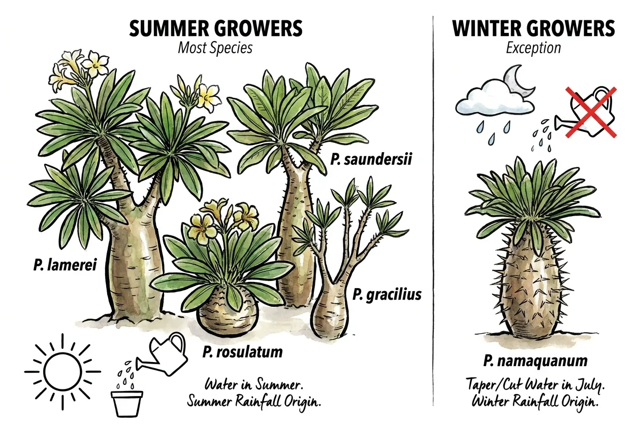 Leafy summer-grower pachypodium beside a bare, resting winter-grower namaquanum caudex