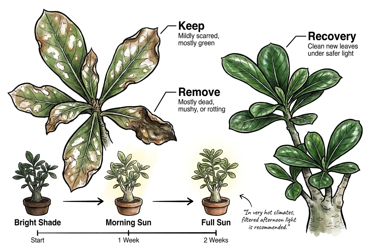 Scalded adenium leaves beside clean new recovery growth