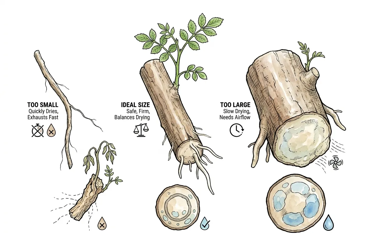 Conceptual comparison of root-section sizes