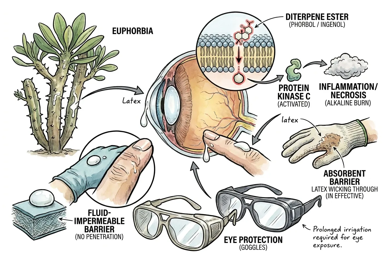Euphorbia latex eye-splash hazard and the role of sealed splash goggles