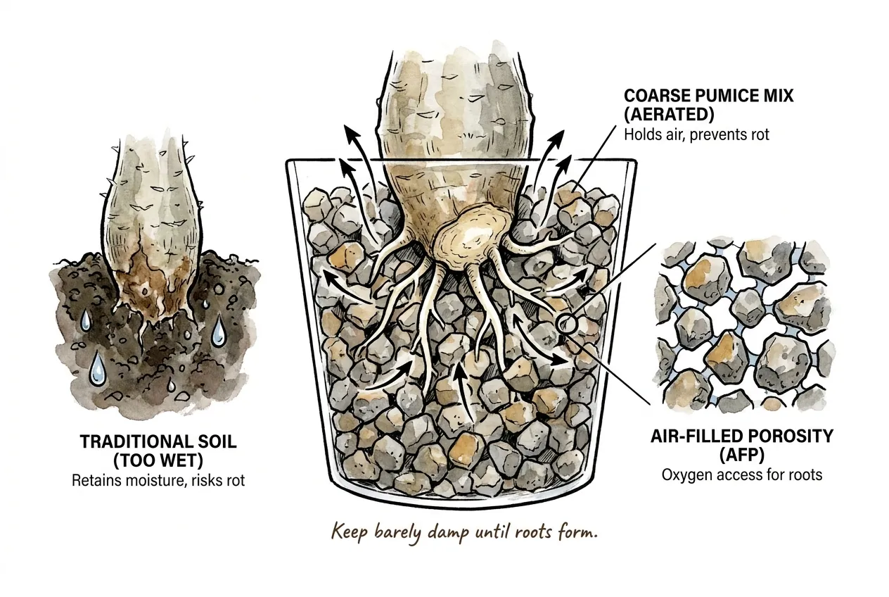 Wet dense medium and coarse pumice comparison; actual air and water balance depends on the full mix, pot, and particle distribution