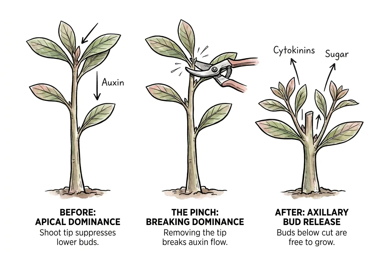 Removing the growing tip releasing lower buds into new branches